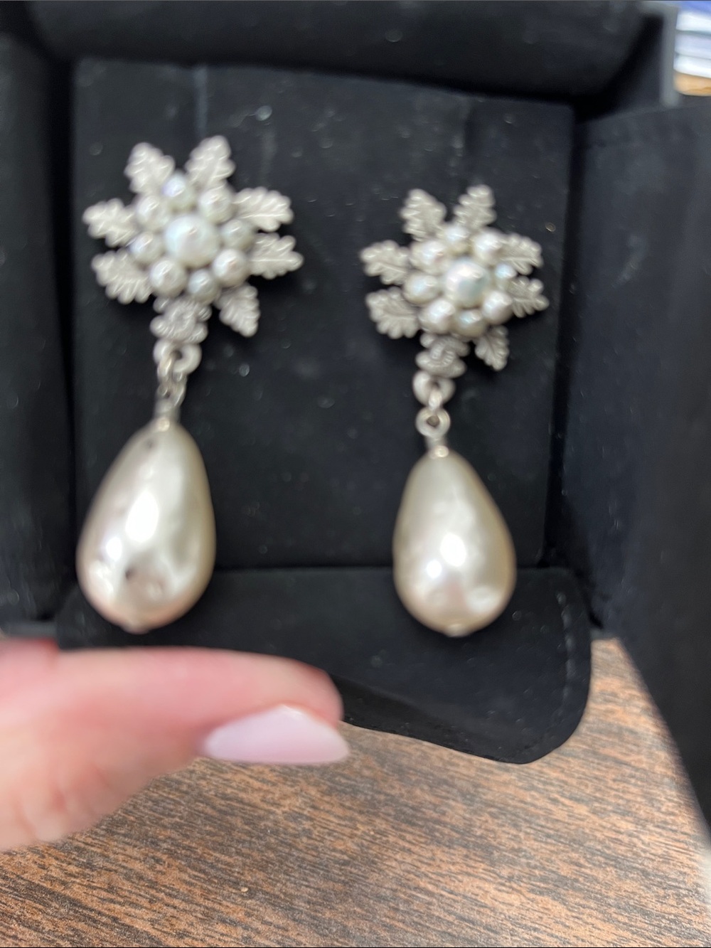 CHANEL Pearl Drop Snowflake Earrings in Ivory and Silver